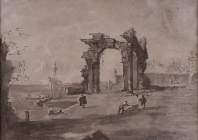 The ruins of the arch on the shore of the lagoon — Follower of Francesco Guardi