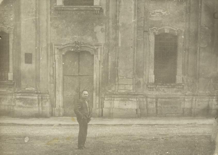 Volodymyr Ovsiichuk in Front of the Facade of the Church of the Immaculate Conception of the Virgin Mary