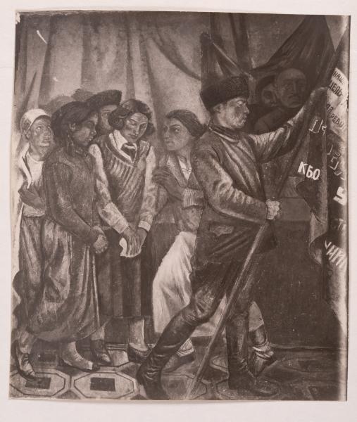 Mykhailo Lezviiev. Fragment of the "Handing Over the Flag to the Winner of the Social Competition in Education" Mural
